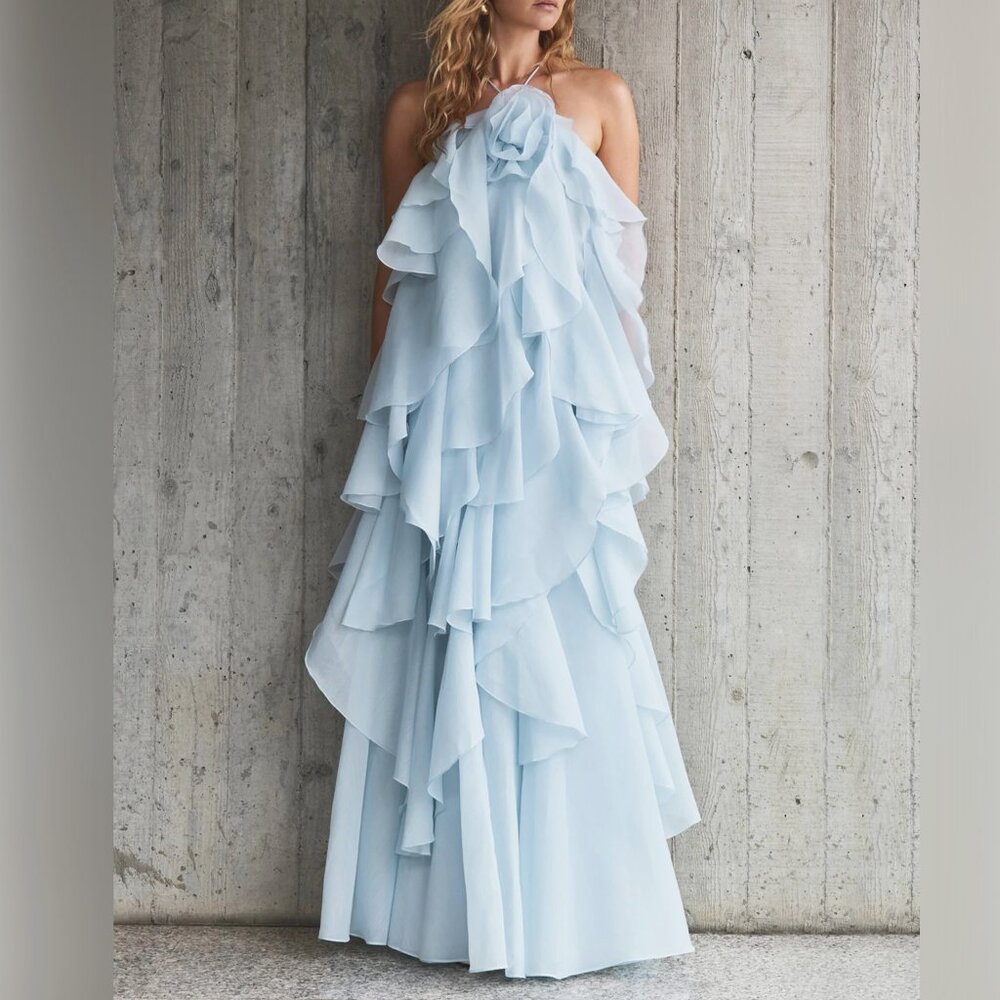 Aje Light Blue Ruffle Halter Maxi Dress